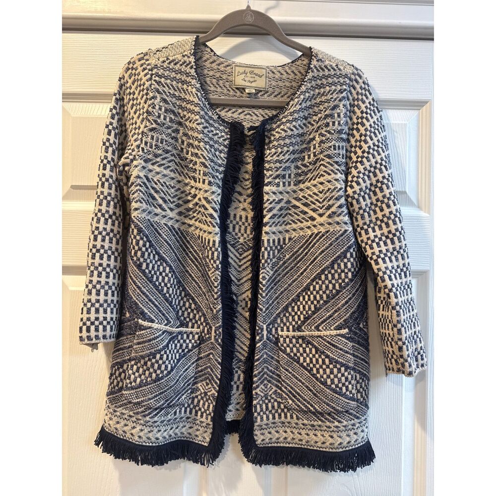 Lucky Brand Open Front Cardigan Geometric Aztec Weave Womens M Blue Cream